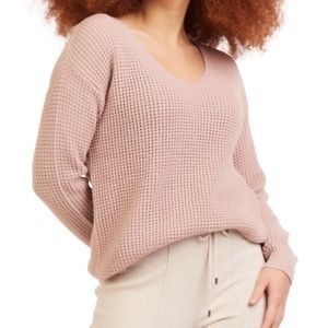 Black Tape Womens Size XL Waffle Knit V-Neck Sweater Antique Rose Pink Long Slv